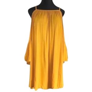 Feathers Cold Shoulder Bell Sleeve Boho Embroidery Dress Yellow mustard